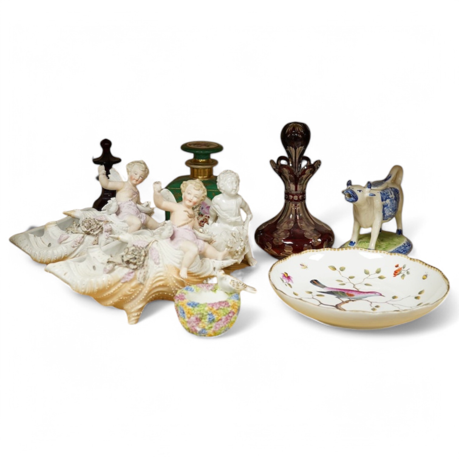 Sundry china and glass to include a red flashed glass scent bottle, a green glazed porcelain example and a Meissen second bird dish, largest 22cm wide. Condition - mostly fair, some minor breaks